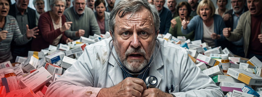 Arzt spielt Apotheker – Burnout KI-Montage zeigt völlig überforderten Arzt mit Arzneimitteln und Patienten