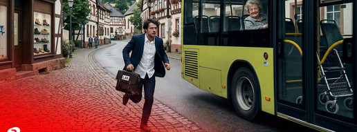 40 Euro pro Quartal: LAK sucht Rentner Montage: Ein LAK-Mitarbeitender rennt einem Bus hinterher.
