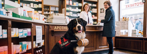 TI-Ausfälle: Gematik schickt Paw Patrol in Apotheken KI-Bild zeigt Hund in Apotheke