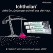 Neue Daten zu Ichtholan® Zugsalbe Illustration von einem Kran, der symbolisch an einer Entzündung zieht. Claim „ Ichtholan zieht Entzündungen schnell aus der Haut“ Abbildung von drei Tuben Ichtholan. Text „Wirkstoff wirkt bakterizid auch gegen MRSA”.