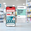 iA.de-App als „Top App“ ausgezeichnet Smartphone mit geöffneter iA.de Apotheken-App und SZ-Institut Siegel.