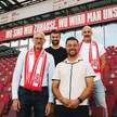 Noweda sponsort Fußballmannschaft Dr. Joachim Reinken, Alexander Rang, Timo Bauer (Teamleiter Vertrieb & Sponsoring bei Rot-Weiss Essen) und Nico Gotzeina auf der Zuschauertribüne von Rot-Weiss Essen