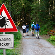Frühling bringt Zecken, Spinner & Mücken Symbolbild: Ein Warnschild mit der Aufschrift „Achtung Zecken!“ steht gut sichtbar am Rande eines Waldwegs; im Hintergrund ist eine Familie beim Spaziergang zu sehen.