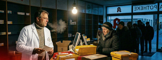 Wegen Finanzkommission: Inhaber passt Leistungen an Montage: Ein Apotheker steht in einer kalten, abgedunkelten Apotheke mit Kundschaft
