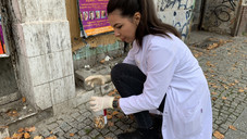 Kippenstummel-Sammeln im weißen Kittel Kippenstummel-Sammeln im weißen Kittel